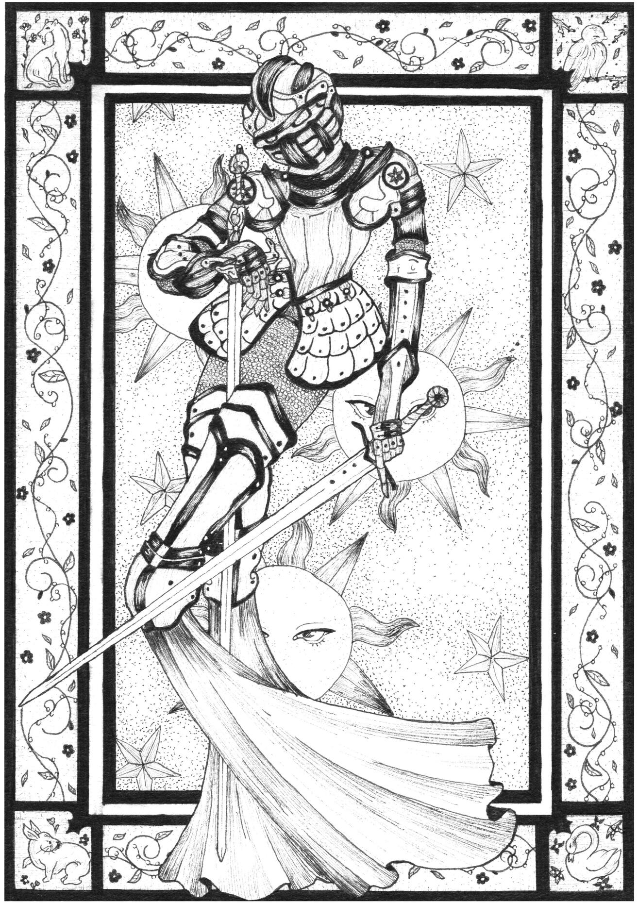 Illustration of a medieval armored mermaid. Black line art.