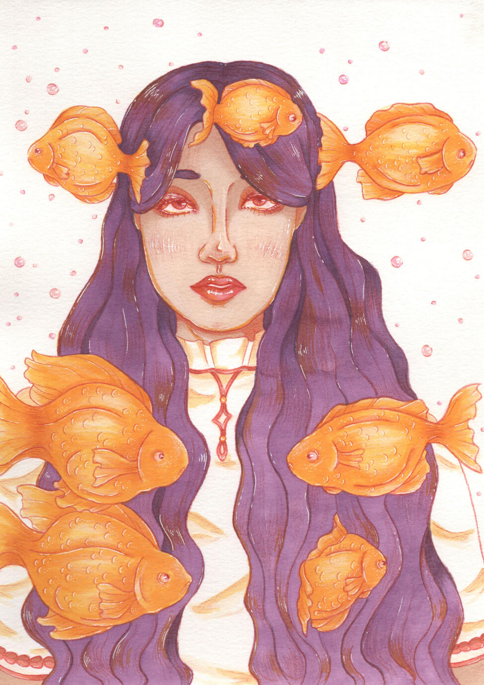 Illustration of a girl with her head in the fishes. Alcohol markers and colored pencil.