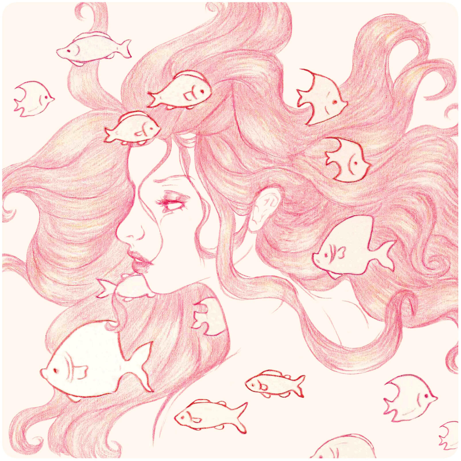 Illustration hair in fishes. Colored pencil.