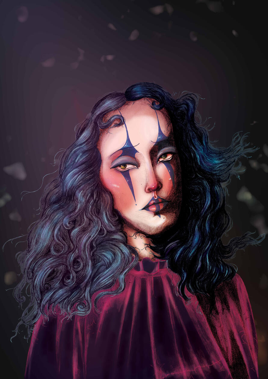 Portrait with circus make-up. Traditional sketch and digital painting.