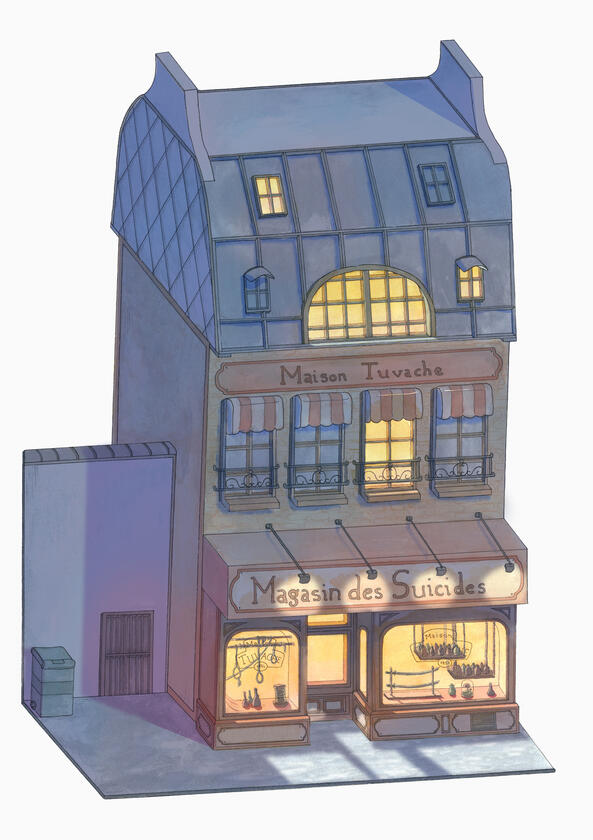 Reproduction of a fictional house in isometric view. I chose Le Magasin des Suicides from the animated film of the same name. Watercolor painting and black line, retouched digitally.