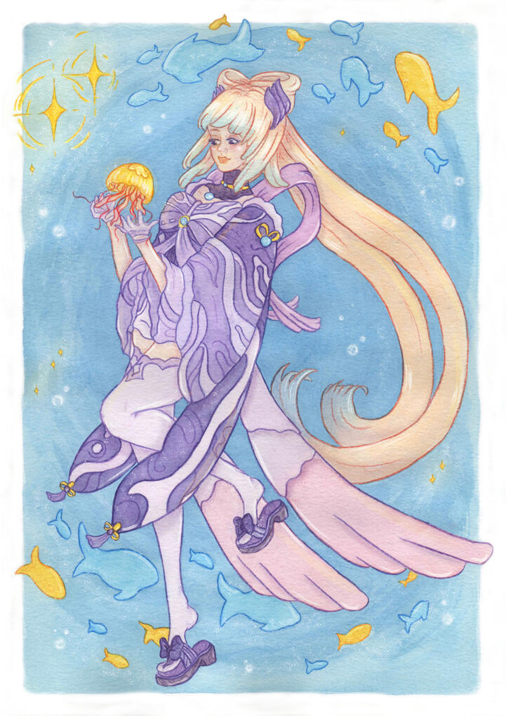 Fan art of Kokomi from Genshin Impact. Watercolor and colored pencil.