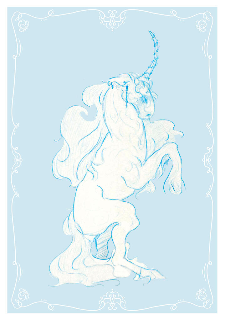 Illustration of a unicorn. Colored pencil.