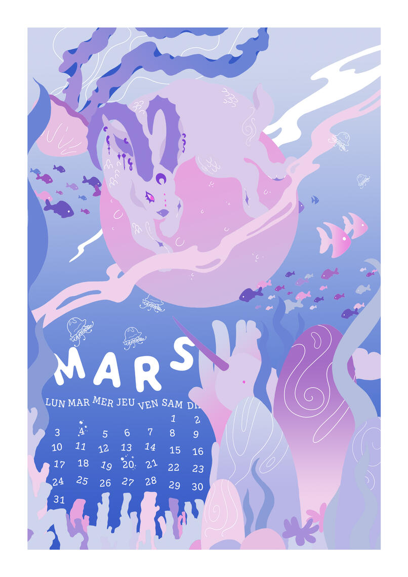 Illustration for a calendar printed in risograph. Digital painting.