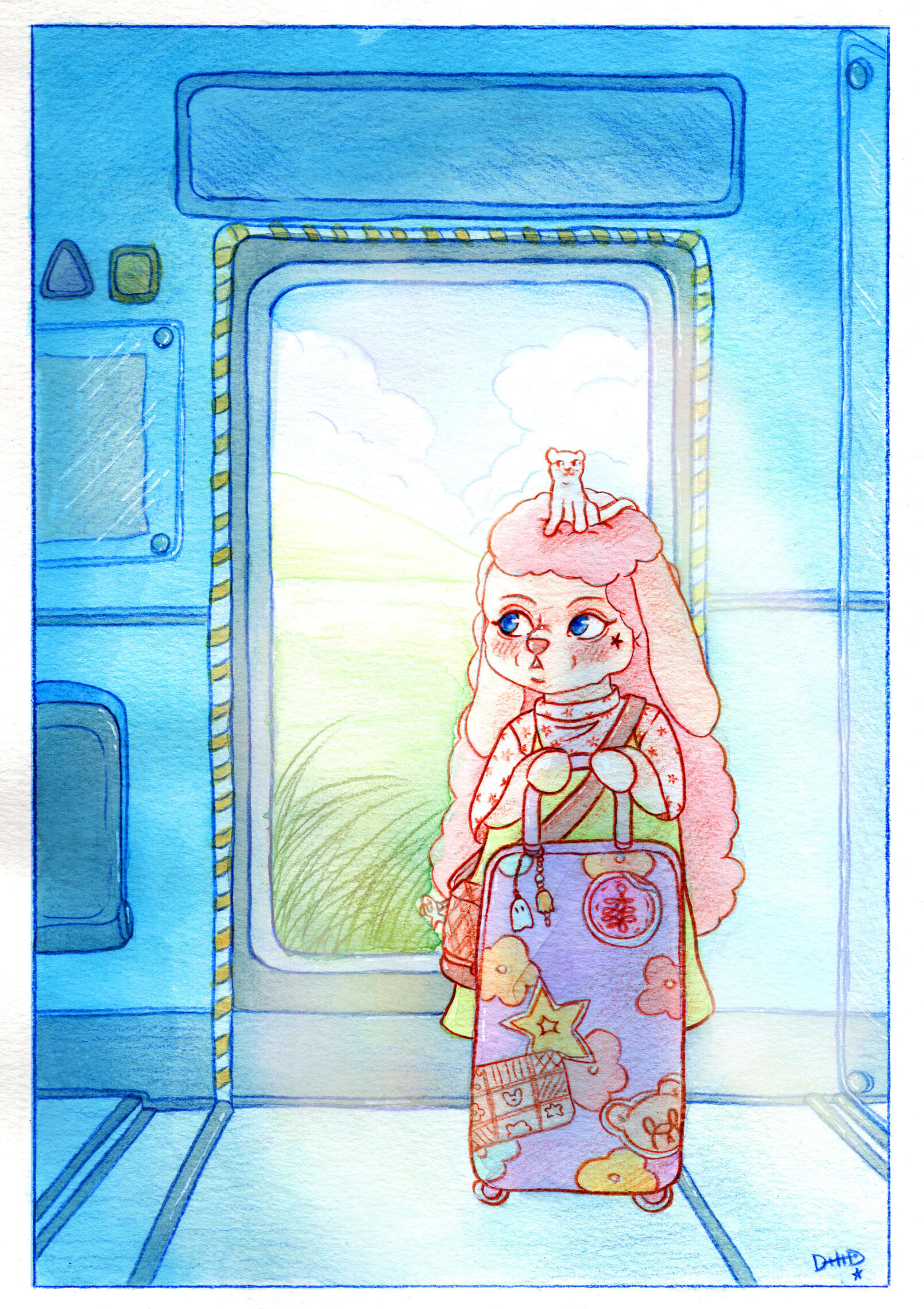 Illustration of a personnal character. Watercolor and colored pencil.