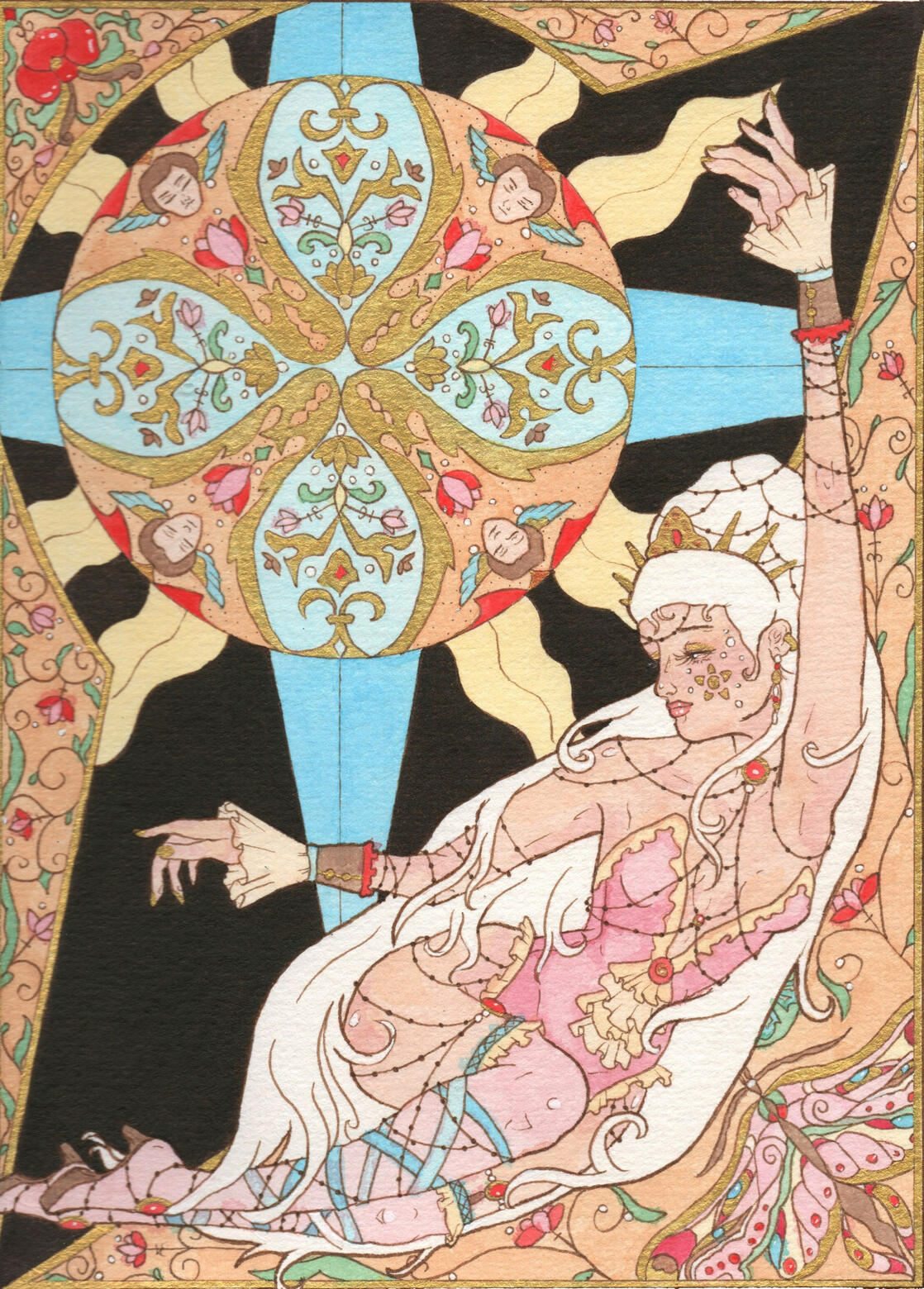 Illustration inspired by Art Nouveau and whimsical aesthetic. Watercolor and brown line art.
