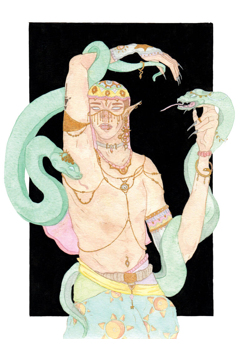 Illustration of the serpents charmer. Watercolor, colored pencil and acrylic paint.
