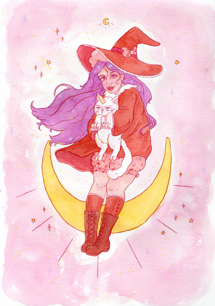 Little witch. Watercolor and colored pencil.