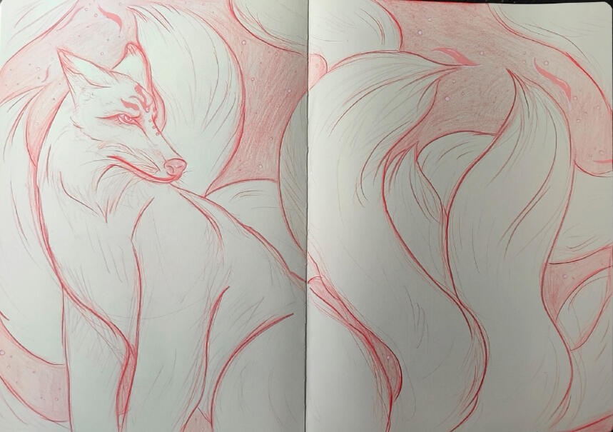 Nine-tailed fox from asian folk tales. Colored pencil and acrylic markers.